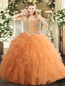 Orange Lace Up Sweetheart Beading and Ruffles Quinceanera Gowns Tulle Sleeveless