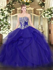 Beautiful Floor Length Lace Up Quinceanera Dress Blue for Military Ball and Sweet 16 and Quinceanera with Beading and Ruffles