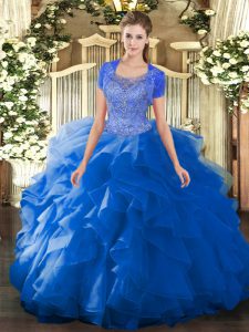 Best Selling Scoop Sleeveless Tulle 15 Quinceanera Dress Beading and Ruffled Layers Clasp Handle