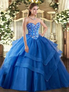 Blue Lace Up Sweet 16 Quinceanera Dress Embroidery and Ruffled Layers Sleeveless Floor Length