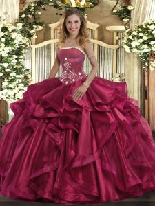 Red Lace Up Quinceanera Gown Beading and Ruffles Sleeveless Floor Length
