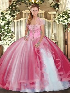Pink Tulle Lace Up Strapless Sleeveless Floor Length Sweet 16 Quinceanera Dress Beading and Ruffles
