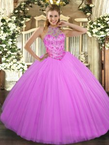 Ideal Lilac Halter Top Lace Up Beading Quince Ball Gowns Sleeveless