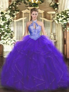 Most Popular Purple Quince Ball Gowns Military Ball and Sweet 16 and Quinceanera with Ruffles and Sequins Halter Top Sleeveless Lace Up