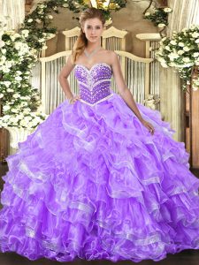 Lavender Organza Lace Up Sweet 16 Quinceanera Dress Sleeveless Floor Length Ruffled Layers