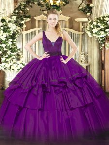 Purple Straps Zipper Beading and Ruffled Layers Vestidos de Quinceanera Sleeveless