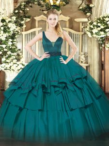 Luxurious Teal Organza Zipper Quinceanera Gowns Sleeveless Floor Length Beading and Ruffled Layers