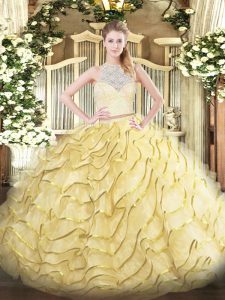 Scoop Sleeveless Quinceanera Dresses Brush Train Lace and Ruffles Gold Tulle