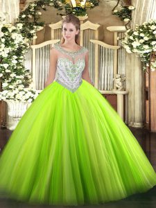Ideal Tulle Zipper Scoop Sleeveless Floor Length Sweet 16 Dress Beading