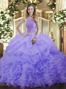 New Style Organza High-neck Sleeveless Lace Up Beading and Ruffles and Pick Ups Quince Ball Gowns in Lavender