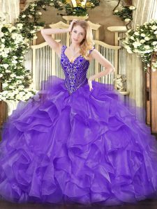Lavender Organza Lace Up V-neck Sleeveless Floor Length Ball Gown Prom Dress Beading and Ruffles