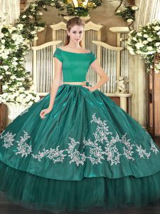 Organza and Taffeta Off The Shoulder Short Sleeves Zipper Embroidery Sweet 16 Dress in Teal