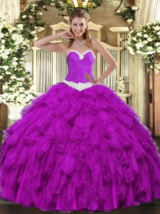 Flirting Purple Ball Gowns Organza Sweetheart Sleeveless Appliques and Ruffles Floor Length Lace Up Sweet 16 Dresses