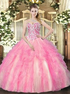 Rose Pink Lace Up Quinceanera Gown Beading and Ruffles Sleeveless Floor Length