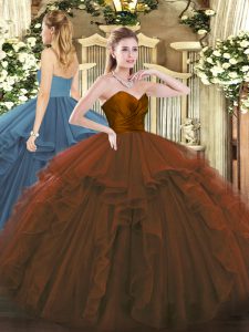 Nice Floor Length Zipper Ball Gown Prom Dress Brown for Military Ball and Sweet 16 and Quinceanera with Ruffles