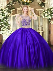 Purple Lace Up Scoop Beading Sweet 16 Dress Satin Sleeveless