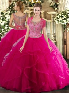 Customized Hot Pink Sleeveless Beading and Ruffled Layers Floor Length Sweet 16 Quinceanera Dress