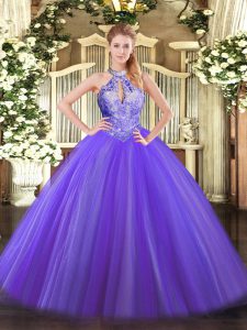 Low Price Purple Ball Gowns Halter Top Sleeveless Tulle Floor Length Lace Up Sequins Sweet 16 Quinceanera Dress
