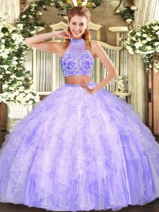 Lavender Sleeveless Beading and Ruffles Floor Length Sweet 16 Dresses