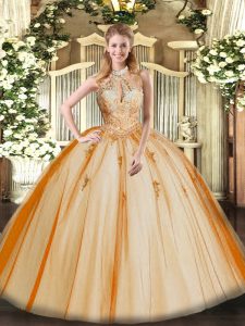 Orange Red Lace Up Halter Top Lace and Appliques Quinceanera Gowns Tulle Sleeveless