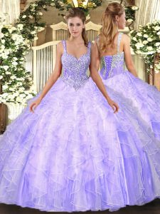 Colorful Sleeveless Lace Up Floor Length Beading and Ruffles 15th Birthday Dress