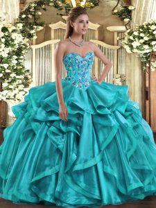 Decent Floor Length Lace Up Sweet 16 Quinceanera Dress Teal for Military Ball and Sweet 16 and Quinceanera with Embroidery and Ruffles
