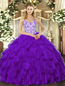 Purple Sleeveless Beading and Ruffles Floor Length Quince Ball Gowns