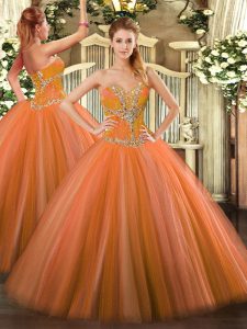 Pretty Orange Red Lace Up Quince Ball Gowns Beading Sleeveless Floor Length