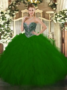 Green Sleeveless Floor Length Beading and Ruffles Lace Up Quinceanera Dresses