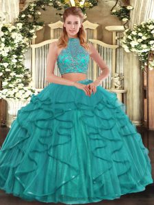 Beautiful Sleeveless Floor Length Beading and Ruffled Layers Criss Cross Vestidos de Quinceanera with Turquoise