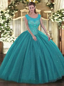 Fantastic Teal Tulle and Sequined Backless Scoop Sleeveless Floor Length 15th Birthday Dress Beading