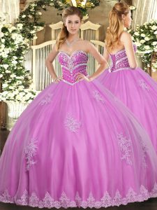 Sumptuous Beading and Appliques Ball Gown Prom Dress Rose Pink Lace Up Sleeveless Floor Length