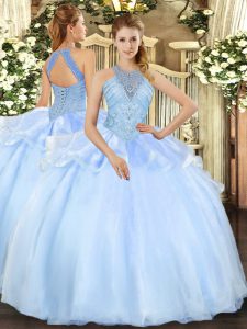 Beading Quinceanera Gowns Light Blue Lace Up Sleeveless Floor Length