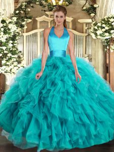 Best Turquoise Ball Gowns Organza Halter Top Sleeveless Ruffles Floor Length Lace Up Quinceanera Gowns