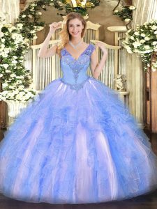 Eye-catching Light Blue Ball Gowns Organza V-neck Sleeveless Beading and Ruffles Floor Length Lace Up Quinceanera Gowns