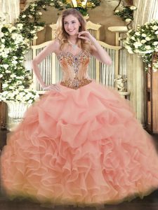Beauteous Peach Sleeveless Organza Lace Up 15 Quinceanera Dress for Sweet 16 and Quinceanera