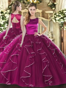 Fuchsia Tulle Lace Up Scoop Sleeveless Floor Length Sweet 16 Quinceanera Dress Ruffles