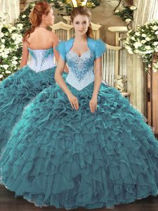 Lovely Sleeveless Organza Floor Length Lace Up Sweet 16 Dresses in Teal with Beading and Ruffles