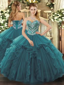 Sweetheart Sleeveless Sweet 16 Dresses Floor Length Beading and Ruffles Turquoise Tulle