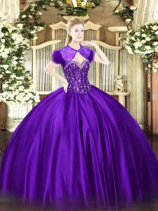 Glorious Purple Lace Up Sweet 16 Dress Beading Sleeveless Floor Length