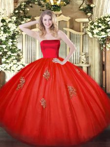 Strapless Sleeveless Zipper Quince Ball Gowns Red Tulle