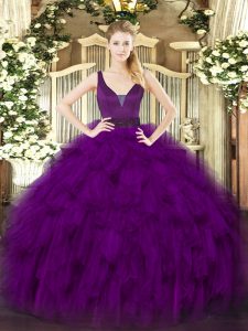 Purple Straps Neckline Beading and Ruffles Quinceanera Dress Sleeveless Zipper