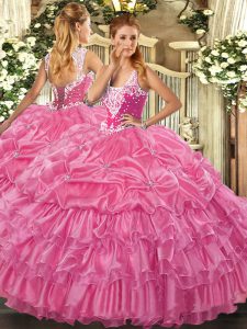 Organza Straps Sleeveless Lace Up Beading and Ruffled Layers and Pick Ups Quinceanera Gowns in Rose Pink