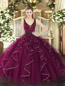 Sexy Fuchsia Straps Neckline Beading and Ruffles Quinceanera Dress Sleeveless Zipper