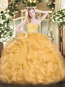 Spectacular Floor Length Zipper Quince Ball Gowns Gold for Military Ball and Sweet 16 and Quinceanera with Beading and Lace and Ruffles