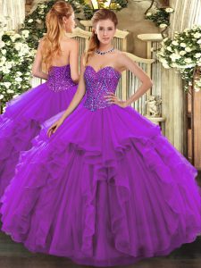 New Arrival Eggplant Purple Sleeveless Tulle Lace Up 15 Quinceanera Dress for Military Ball and Sweet 16 and Quinceanera