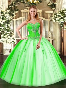 Hot Selling Sweetheart Sleeveless Tulle Quince Ball Gowns Beading Lace Up