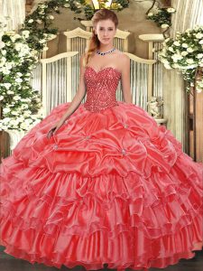 Colorful Coral Red Organza Lace Up Quinceanera Dress Sleeveless Floor Length Beading and Ruffles and Pick Ups