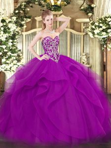 Romantic Fuchsia Ball Gowns Sweetheart Sleeveless Tulle Floor Length Lace Up Beading and Ruffles Quinceanera Dress