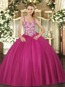 Straps Sleeveless Sweet 16 Quinceanera Dress Floor Length Beading and Appliques Fuchsia Tulle